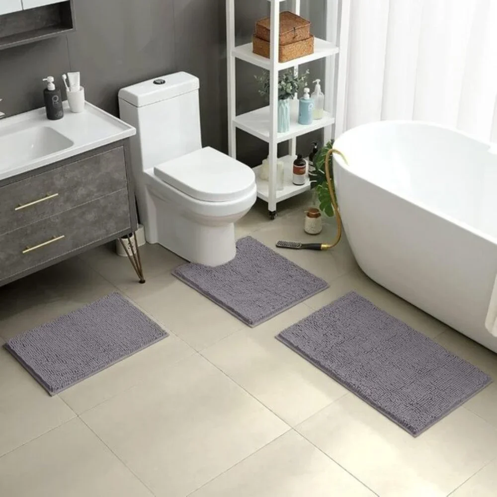 New 3-Piece Grey Bathroom Rug Set, Ultra Soft, Non-Slip, Absorbent Chenille Mats